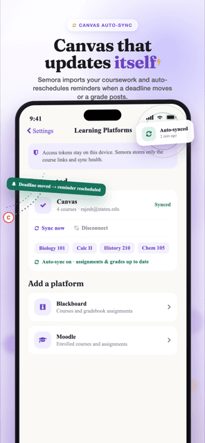 Semora Canvas sync settings screen showing connected courses and auto-sync status