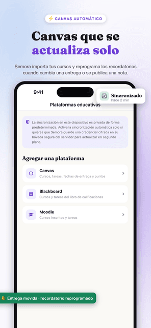 Pantalla de plataformas educativas de Semora con los cursos conectados y el estado de sincronización