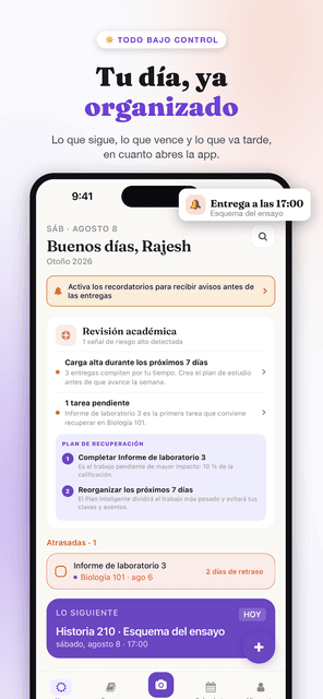 Pantalla Hoy de Semora con la próxima entrega, las tareas atrasadas y el resumen de la semana