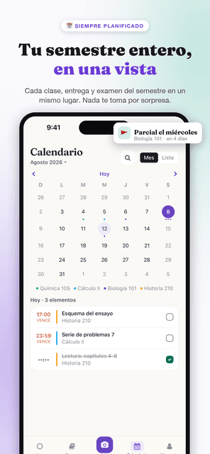 Calendario mensual de Semora con las entregas de varios cursos marcadas a lo largo del mes