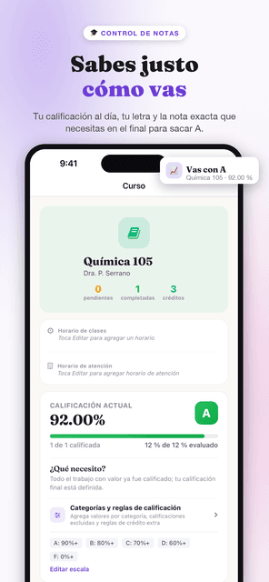Pantalla de un curso en Semora con la calificación actual calculada a partir del trabajo ya evaluado