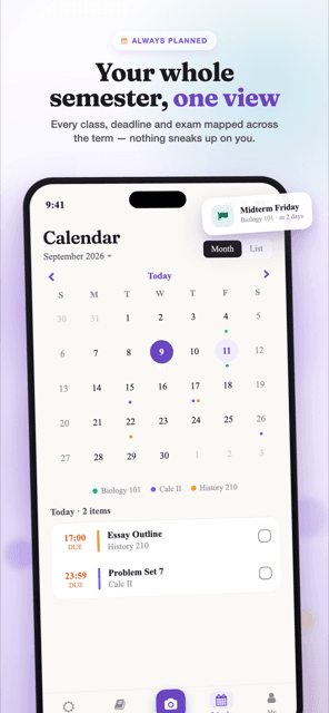 Semora calendar screen showing a month view with deadlines marked across courses