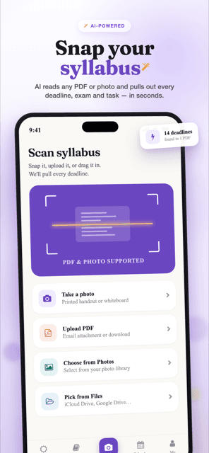 Semora scan syllabus screen showing options to take a photo, upload a PDF, choose from photos, or pick from files